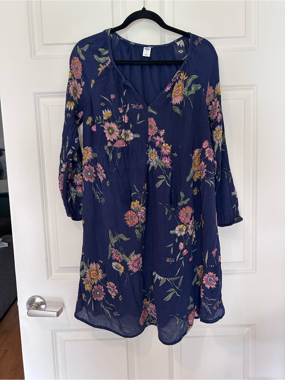 Navy Blue Floral Boho Flowy V-Neck Long Sleeve Dress